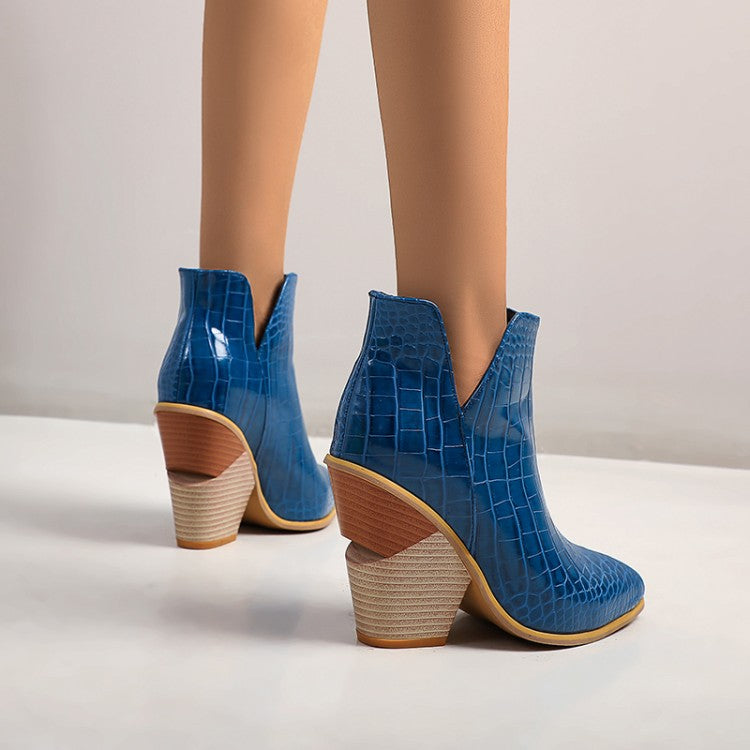Women's Crocodile Pattern Pointed Toe Chunky Heel Short Boots