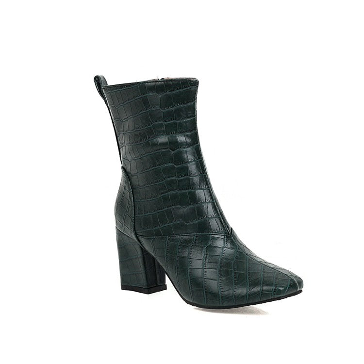 Women's Pu Leather Crocodile Pattern Side Zippers Block Heel Short Boots