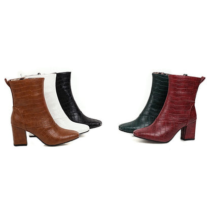 Women's Pu Leather Crocodile Pattern Side Zippers Block Heel Short Boots