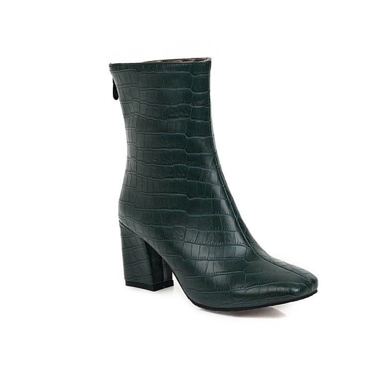 Women's Pu Leather Crocodile Pattern Back Zippers Block Heel Short Boots