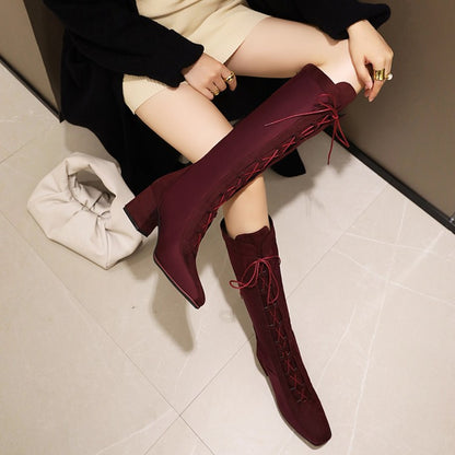 Women's Lace Up High Heel Knee High Boots