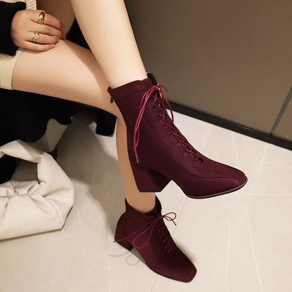 Women's Lace Up High Heels Short Boots