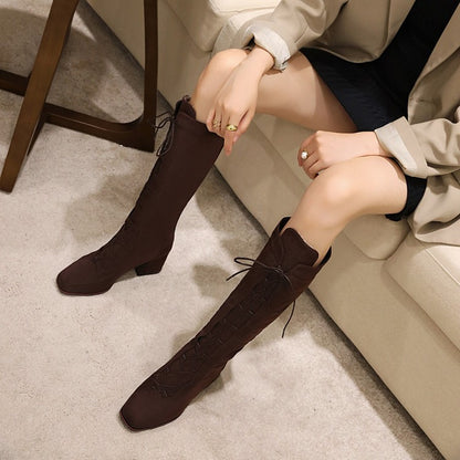 Women's Lace Up High Heel Knee High Boots