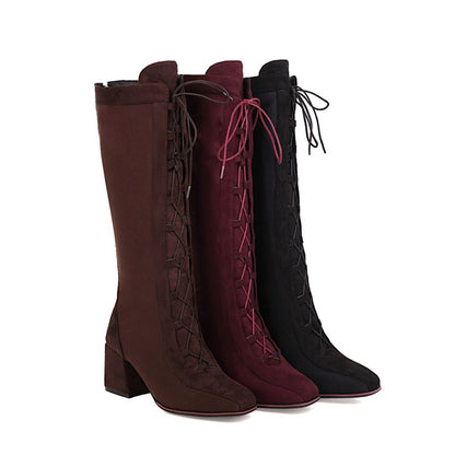 Women's Lace Up High Heel Knee High Boots