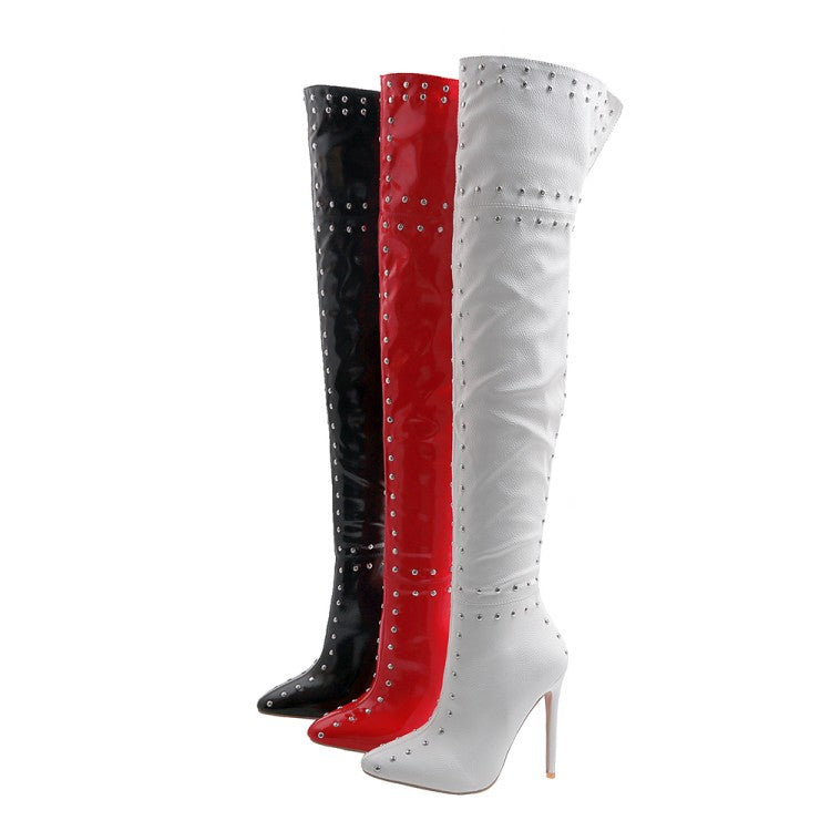 Women's Pointed Toe Rivets Patchwork Stiletto Heel Over the Knee Boots
