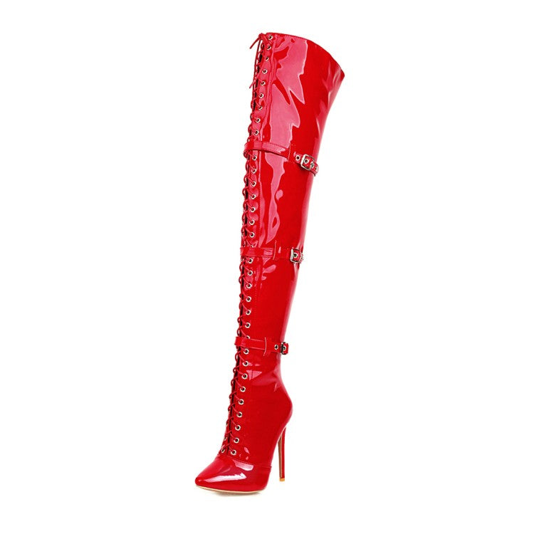 Women's Patent Leather Pointed Toe Lace Up Buckles Belts Stiletto Heel Over the Knee Boots