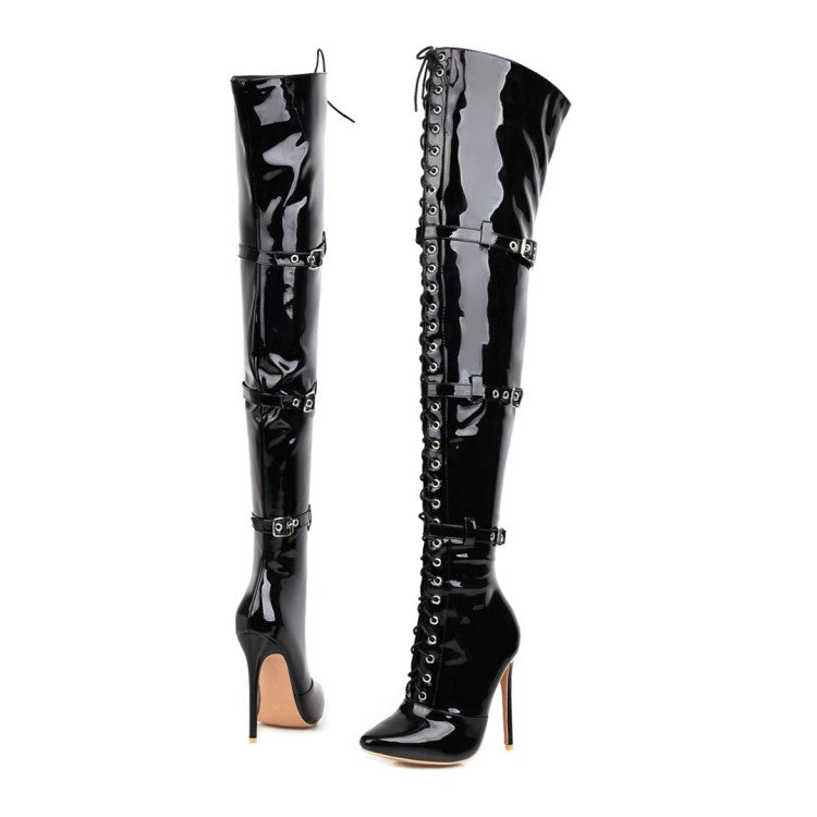 Women's Patent Leather Pointed Toe Lace Up Buckles Belts Stiletto Heel Over the Knee Boots