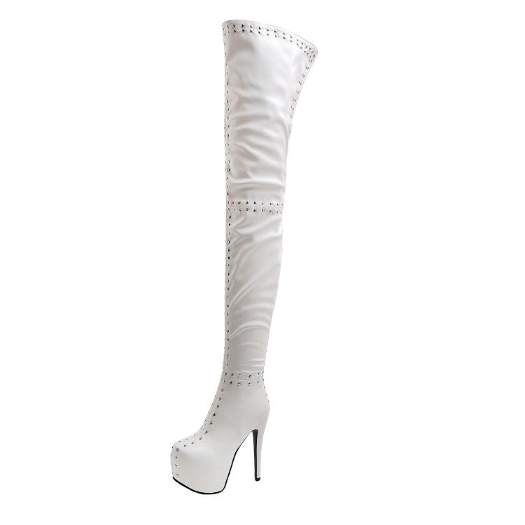 Women's Pu Leather Round Toe Rivets Patchwork Stiletto Heel Platform Over the Knee Boots