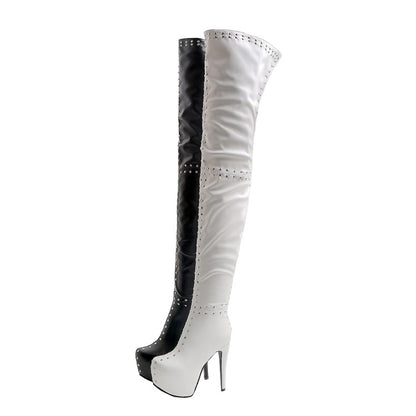 Women's Pu Leather Round Toe Rivets Patchwork Stiletto Heel Platform Over the Knee Boots