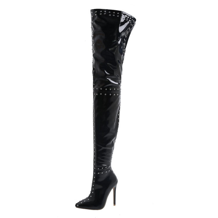 Women's Pu Leather Pointed Toe Rivets Patchwork Side Zippers Over the Knee Stiletto Heel Tall Boots