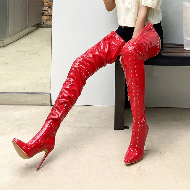 Women's Pu Leather Pointed Toe Rivets Patchwork Side Zippers Over the Knee Stiletto Heel Tall Boots