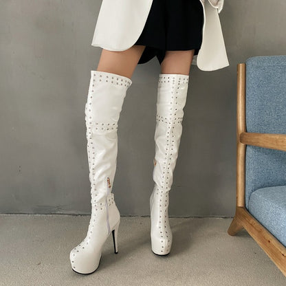 Women's Rivets Patchwork Side Zippers Stiletto Heel Platform Over the Knee Boots