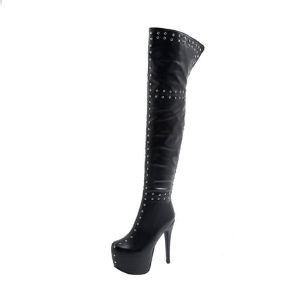 Women's Rivets Patchwork Side Zippers Stiletto Heel Platform Over the Knee Boots