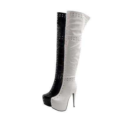 Women's Rivets Patchwork Side Zippers Stiletto Heel Platform Over the Knee Boots