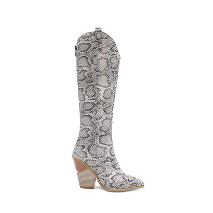 Women's Crocodile Pattern Pointed Toe Back Zippers Block Heel Knee High Boots