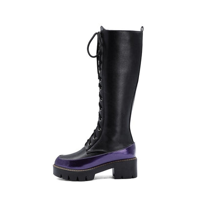 Women's Patchwork Lace Up Platform Knee High Boots