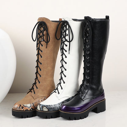 Women's Patchwork Lace Up Platform Knee High Boots