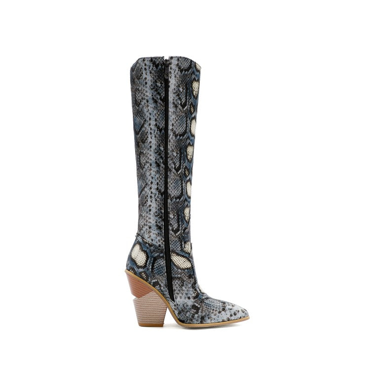 Women's Snake Printed Pointed Toe Side Zippers Chunky Heel Knee High Boots