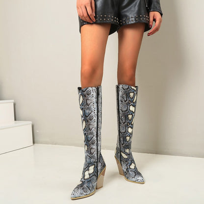 Women's Snake Printed Pointed Toe Side Zippers Chunky Heel Knee High Boots