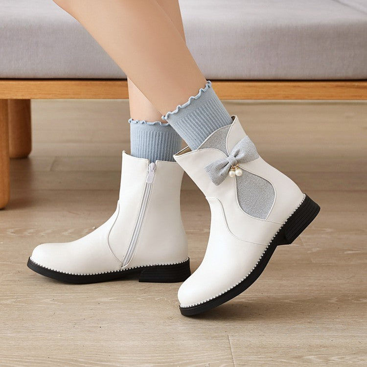 Women's  Bowtie Pearl Low Heel Short Boots