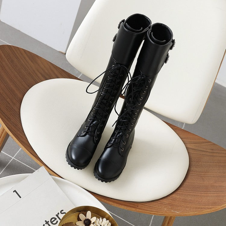 Women's Pu Leather Round Toe Lace Up Belts Side Zippers Martin Knee High Boots
