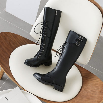 Women's Pu Leather Round Toe Lace Up Belts Side Zippers Martin Knee High Boots