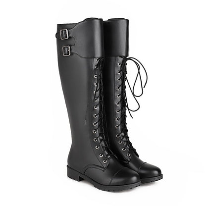 Women's Pu Leather Round Toe Lace Up Belts Side Zippers Martin Knee High Boots