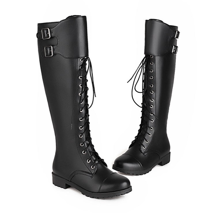 Women's Pu Leather Round Toe Lace Up Belts Side Zippers Martin Knee High Boots