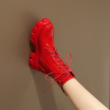 Women's Glossy Lace Up Side Zippers Block Heel Platform Short Boots