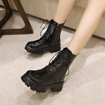 Women's Glossy Lace Up Side Zippers Block Heel Platform Short Boots