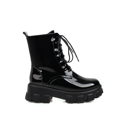 Women's Glossy Lace Up Side Zippers Block Heel Platform Short Boots