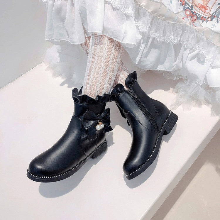 Women's Pu Leather Round Toe Ruffles Pearls Bow Tie Short Boots