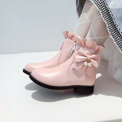 Women's Pu Leather Round Toe Ruffles Pearls Bow Tie Short Boots