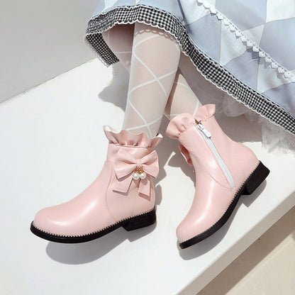 Women's Pu Leather Round Toe Ruffles Pearls Bow Tie Short Boots