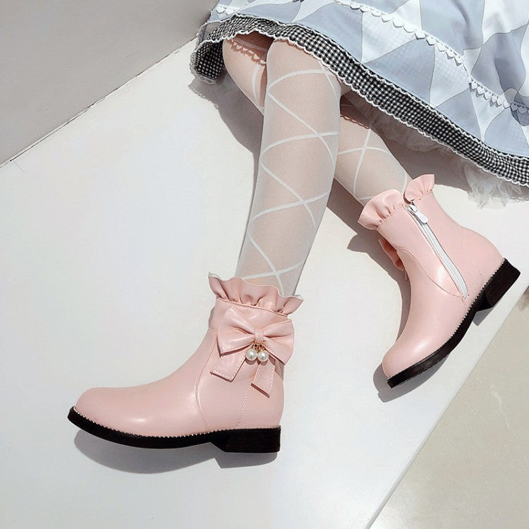 Women's Pu Leather Round Toe Ruffles Pearls Bow Tie Short Boots