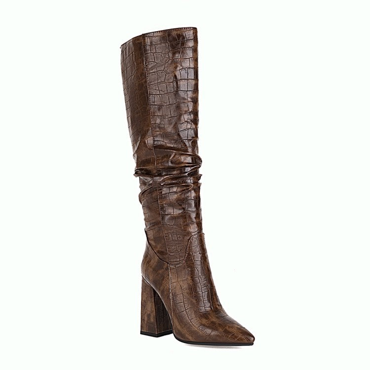 Women's Pattern Pu Leather Pointed Toe Block Heel Knee High Boots