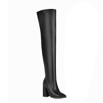 Women's Snake Pattern Pointed Toe Side Zippers Block Heel Over the Knee High Boots