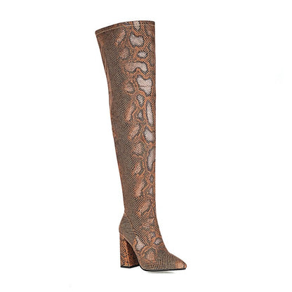 Women's Snake Pattern Pointed Toe Side Zippers Block Heel Over the Knee High Boots