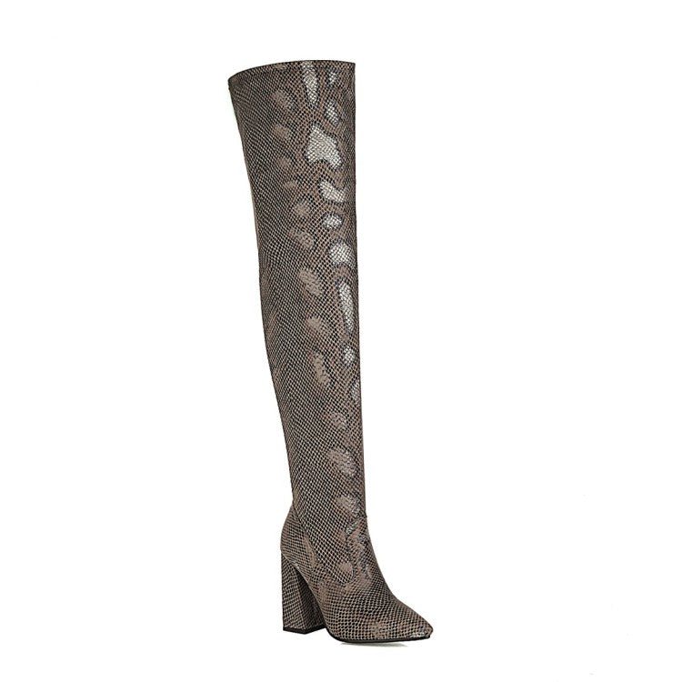 Women's Snake Pattern Pointed Toe Side Zippers Block Heel Over the Knee High Boots