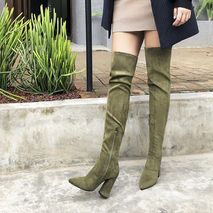 Women's Snake Pattern Pointed Toe Side Zippers Block Heel Over the Knee High Boots