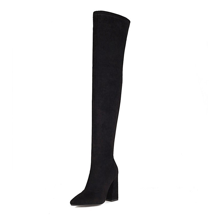 Women's Pointed Toe Side Zippers Over the Knee Block Heel High Boots