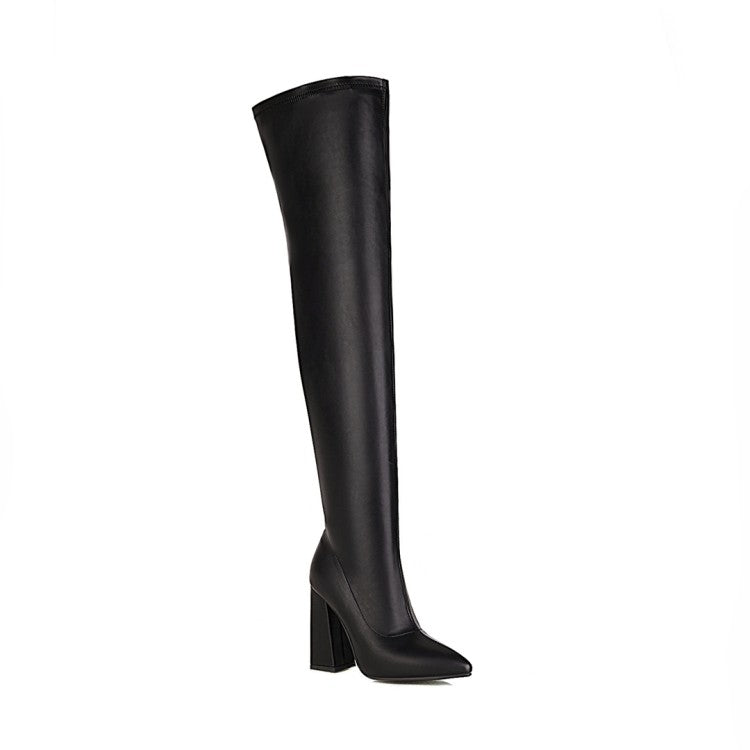 Women's Pointed Toe Side Zippers Over the Knee Block Heel High Boots