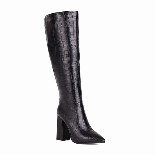 Women's Pattern Pu Leather Pointed Toe Side Zippers Block Heel Knee High Boots