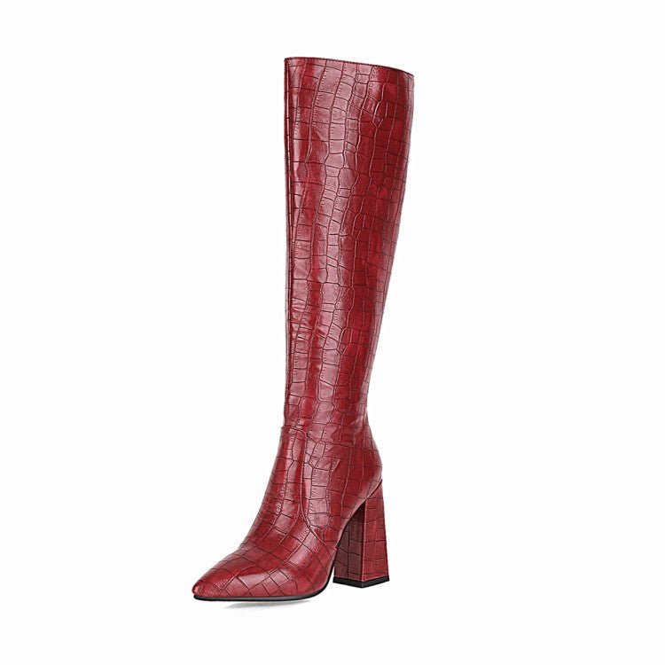 Women's Pattern Pu Leather Pointed Toe Side Zippers Block Heel Knee High Boots