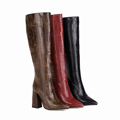 Women's Pattern Pu Leather Pointed Toe Side Zippers Block Heel Knee High Boots