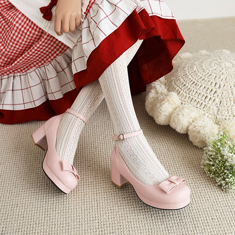 Women's Ankle Strap Bow Chunky Heels Pumps Shoes