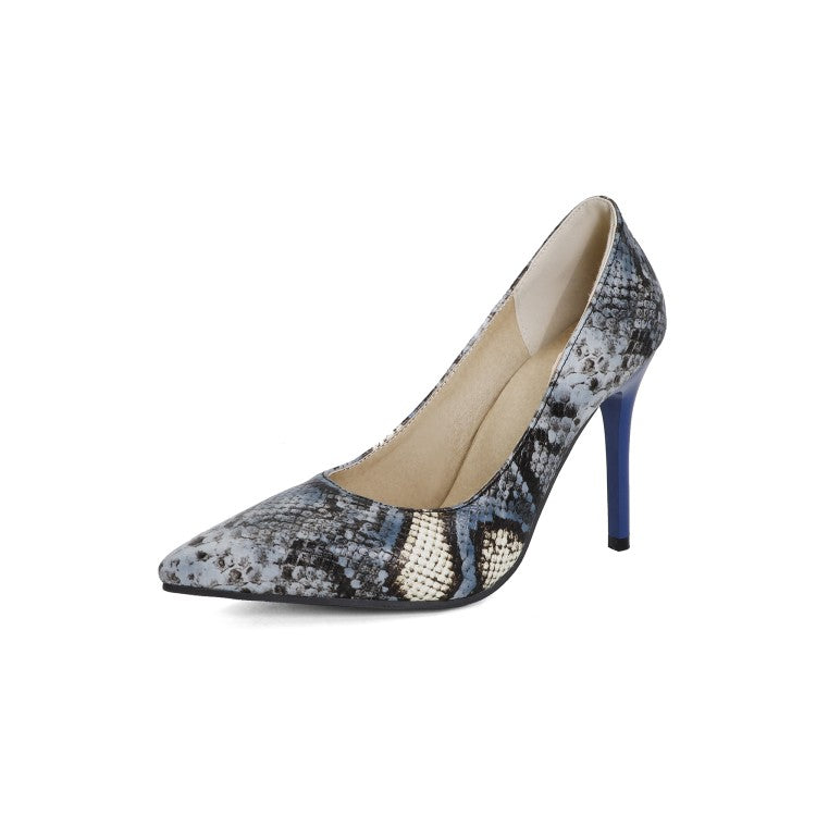 Women's Snake Printed Pointed Toe Stiletto Heel High Heels Pumps