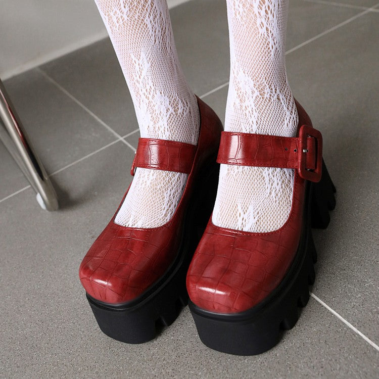 Women's Crocodile Pattern Pu Leather Belts Buckles Chunky Heel Platform Mary Jane Shoes