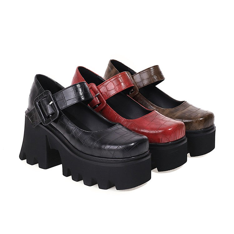 Women's Crocodile Pattern Pu Leather Belts Buckles Chunky Heel Platform Mary Jane Shoes