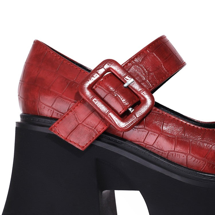 Women's Crocodile Pattern Pu Leather Belts Buckles Chunky Heel Platform Mary Jane Shoes